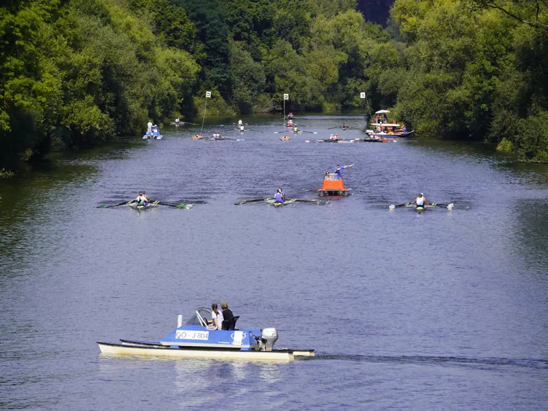 Mehrere Ruderboote auf der Lahn, im Vordergrund ein Begleitboot