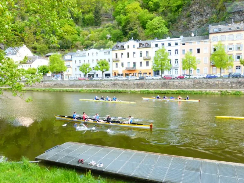 Ruderboote auf der Lahn vor der Häuserzeile am Ufer von Bad Ems